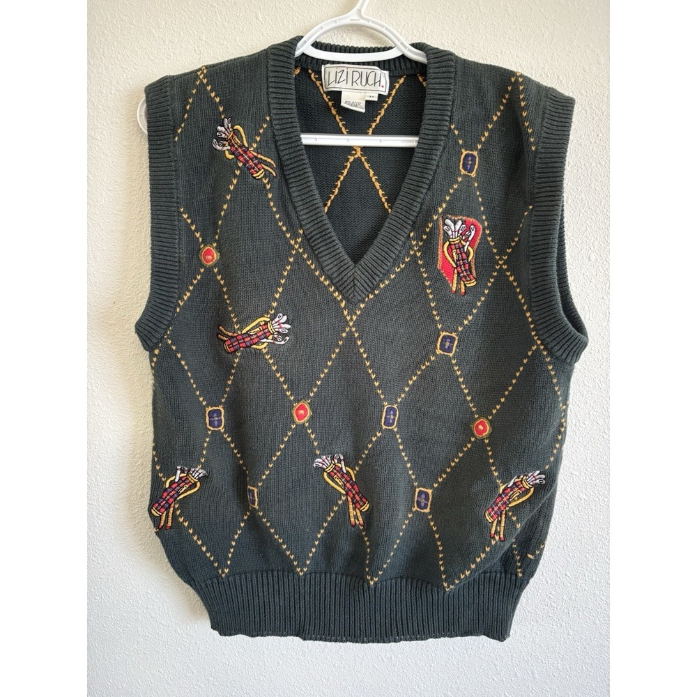 Vintage Lizi Ruch Golf Club Argyle Sweater Vest Cotton Knit Size M